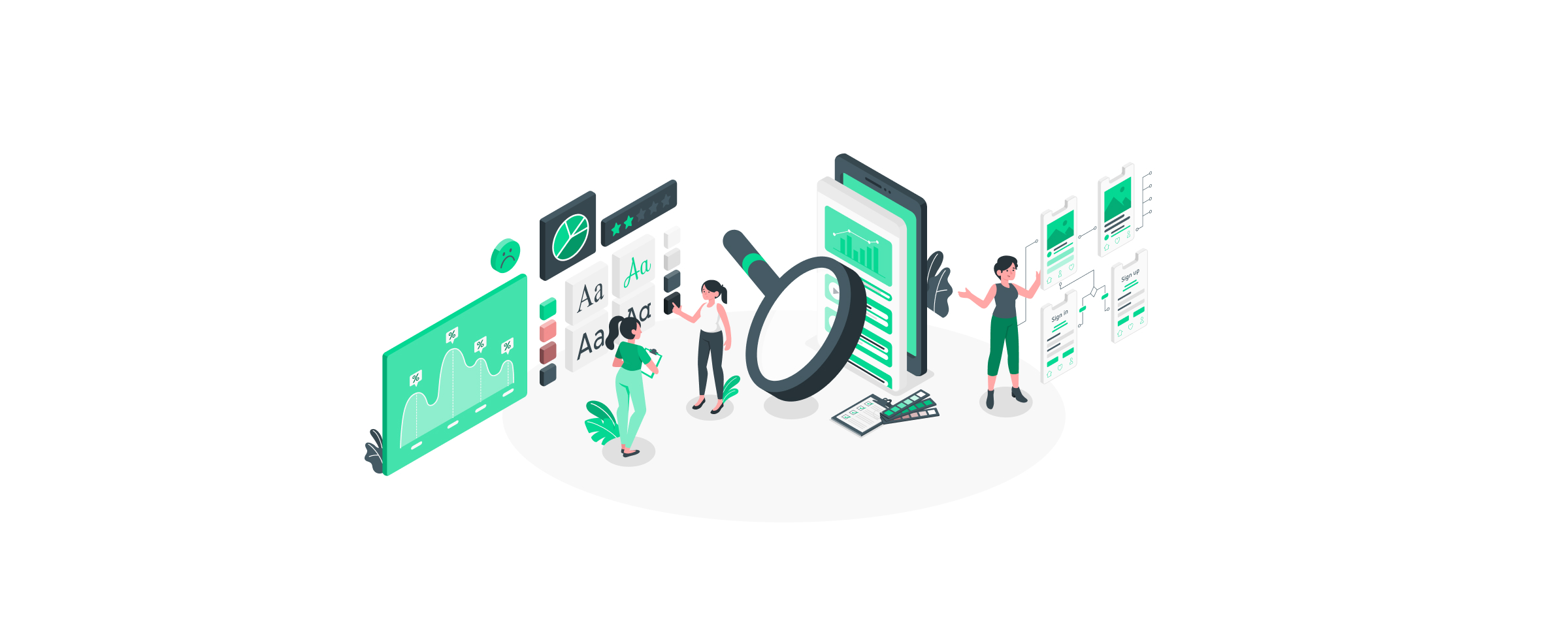 Illustration von Personen, die eine Anwendung auf einem Smartphone analysieren