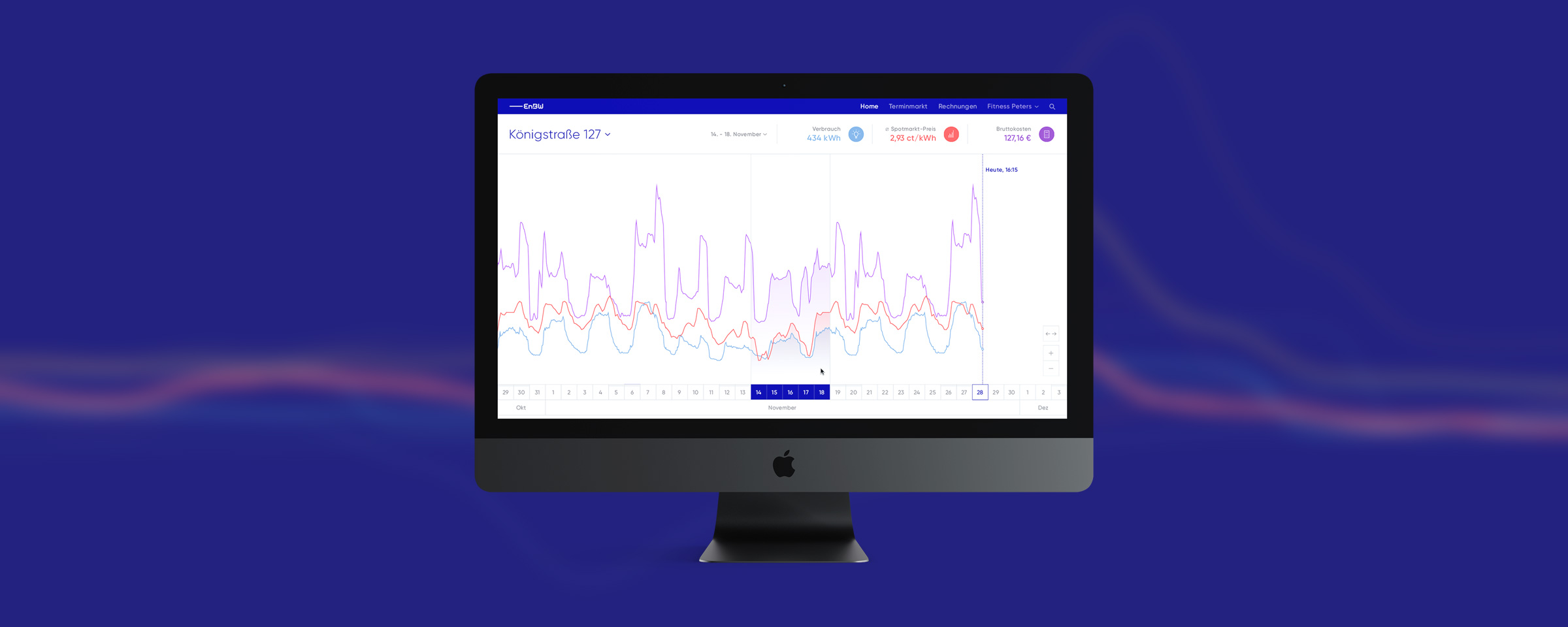 Ein Liniendiagramm zeigt den Stromverbrauch des aktuellen Monats auf einem Computerbildschirm